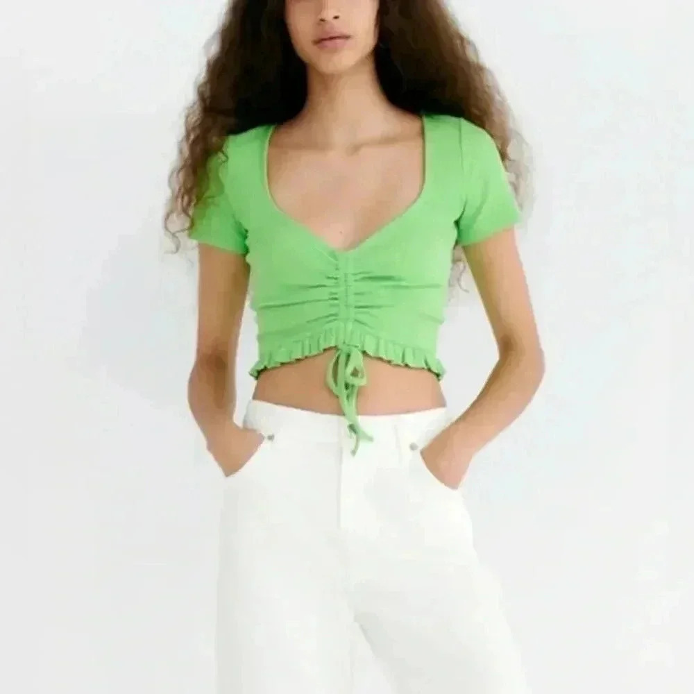 Zara Women’s Spring Green Roused Drawstring Crop Top SZ M (B3)